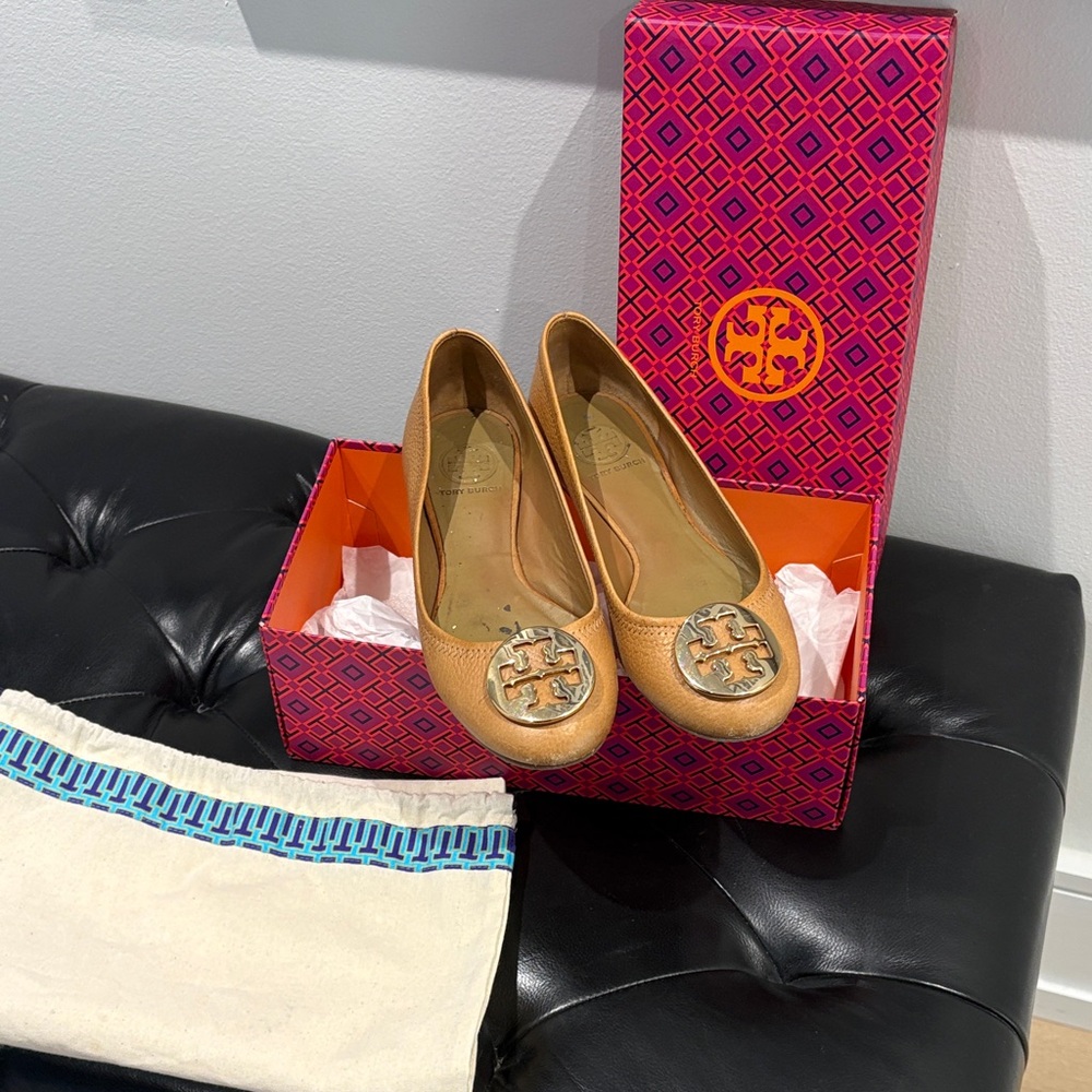 Tory Burch Tan Flats with Gold Accents
